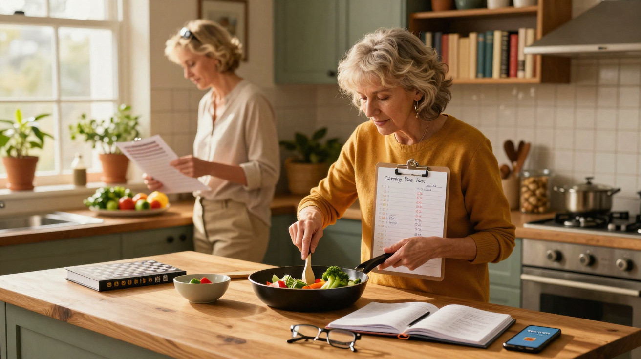 Duas mulheres idosas na cozinha, uma a cozinhar legumes e outra a ler uma receita junto à janela.