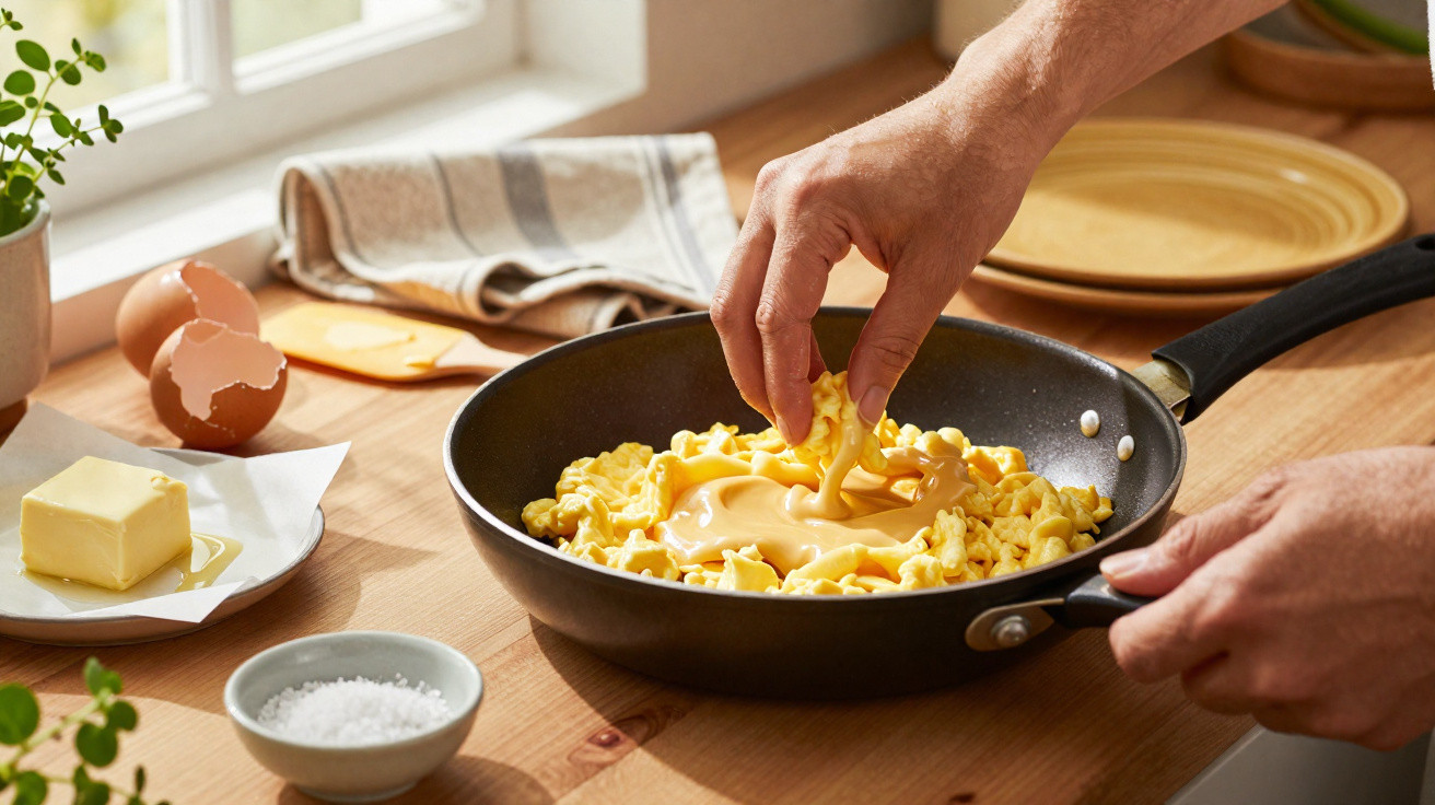 Mãos a cozinhar ovos mexidos numa frigideira, com manteiga, ovos e sal numa bancada de cozinha.
