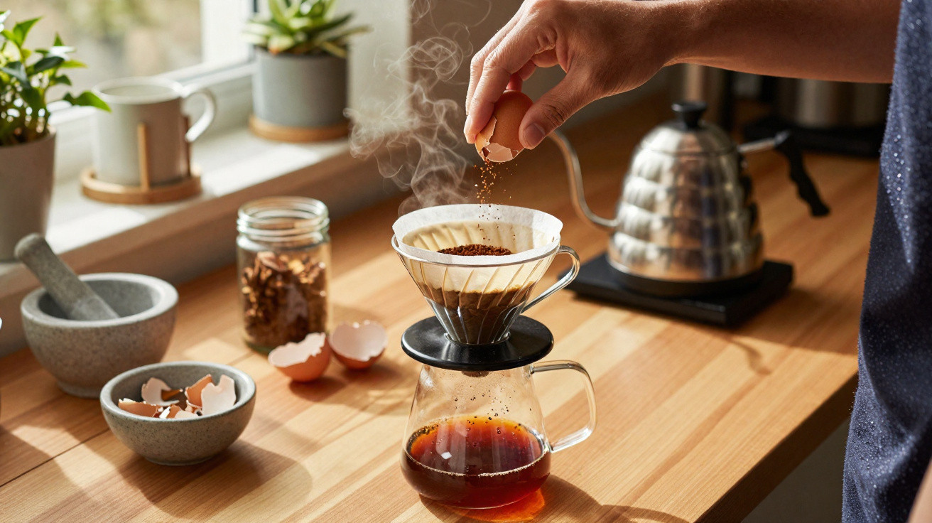 Pessoa a polvilhar café em filtro de café derramado para preparo por gotejamento numa cozinha iluminada.