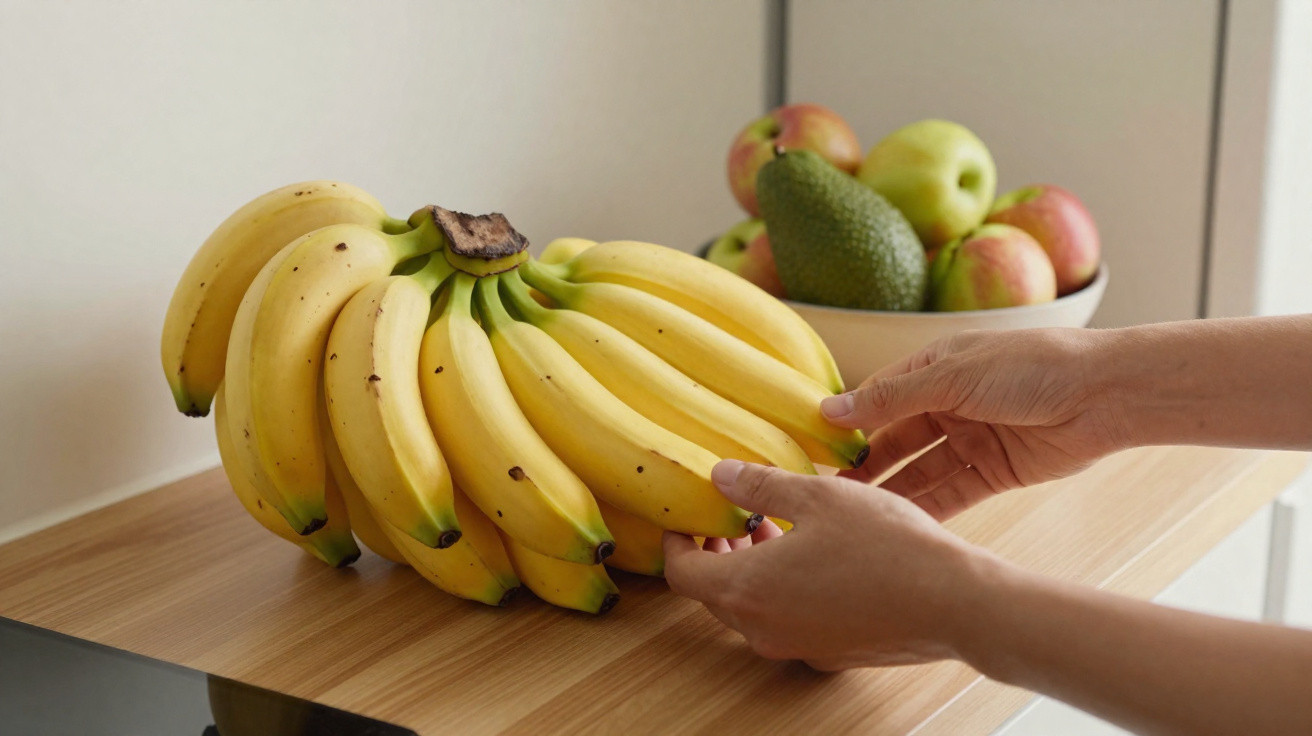 Pessoa a segurar um cacho de bananas maduras numa cozinha com frutas numa tigela ao fundo.