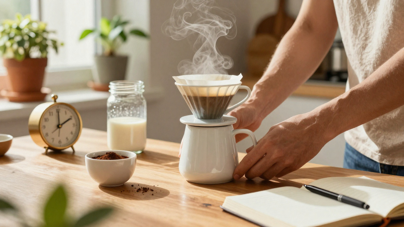 Pessoa a preparar café com método pour-over numa caneca branca numa cozinha iluminada pela manhã.