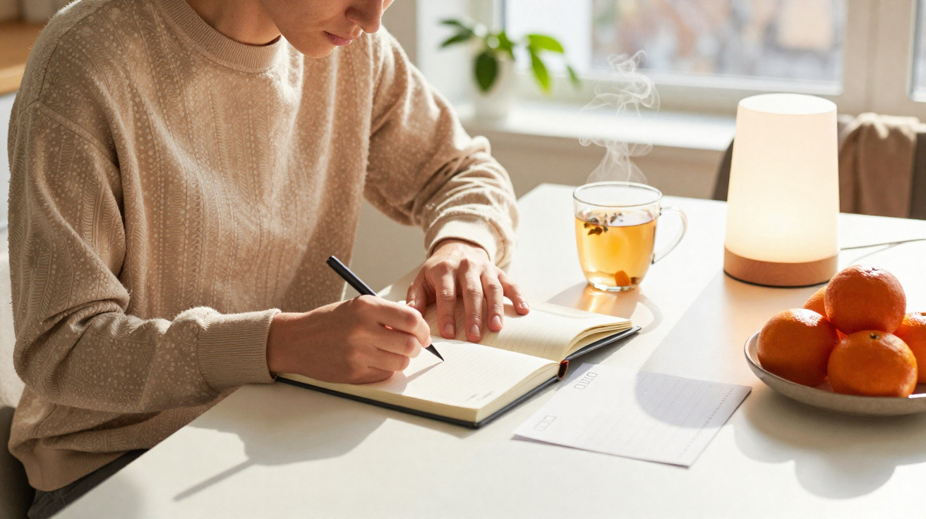 Pessoa a escrever num caderno numa mesa com chá quente, luzes suaves e tigela com laranjas ao lado.