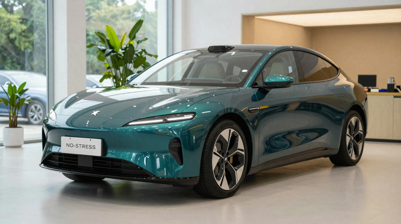 Carro desportivo elétrico azul exibido em salão moderno com chão branco e paredes de madeira clara.