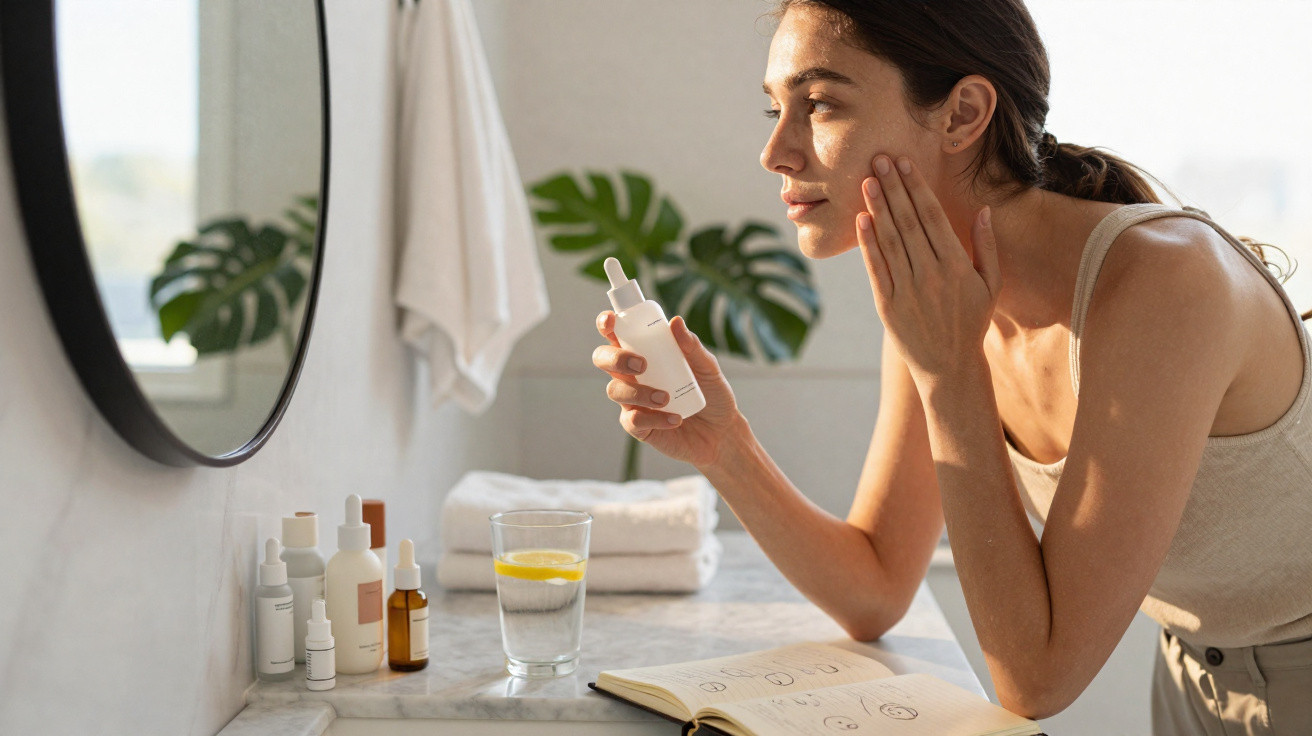 Mulher aplica sérum facial olhando ao espelho numa casa de banho com toalhas e plantas ao fundo.