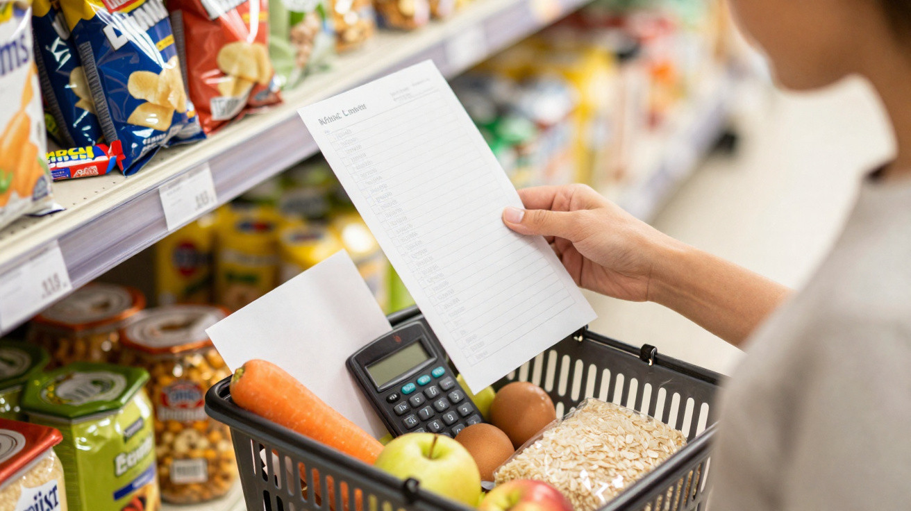 Pessoa a segurar lista de compras com cesta contendo cenouras, maçã, arroz e tarrina em supermercado.