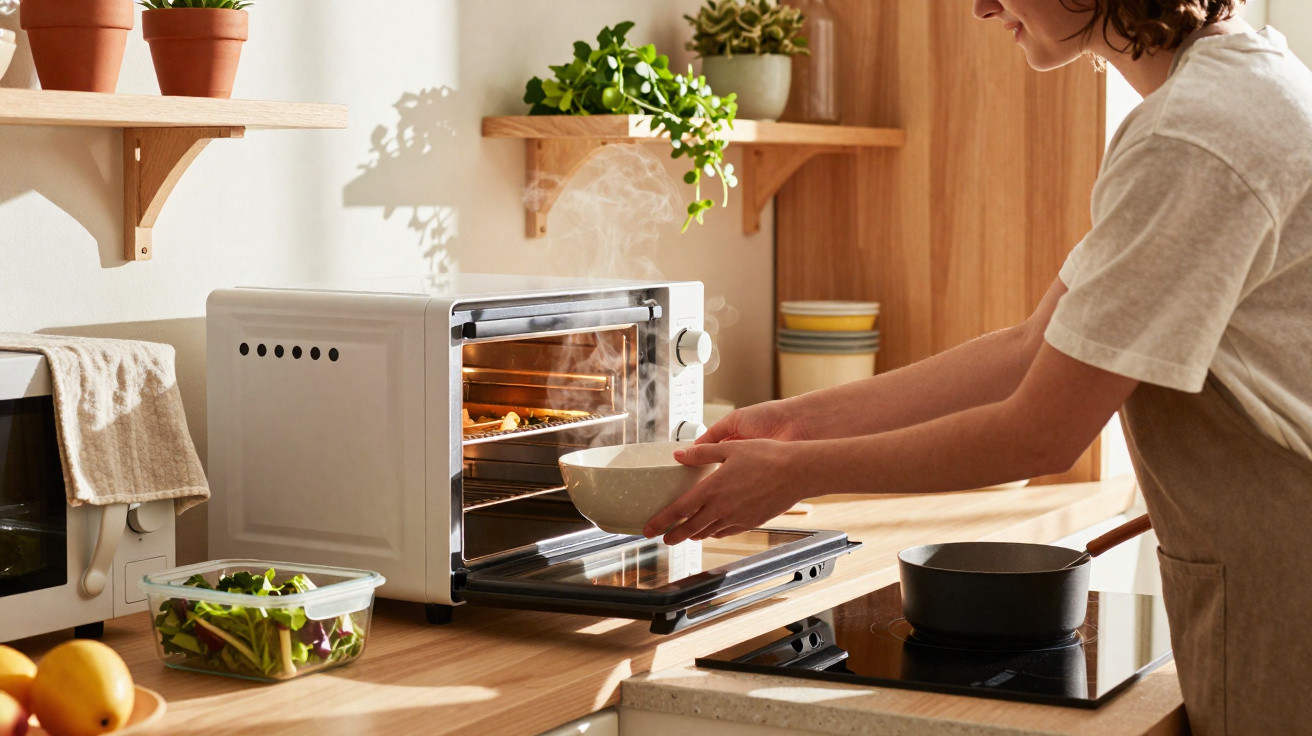 Pessoa a retirar tigela com comida quente de forno elétrico numa cozinha moderna com plantas.