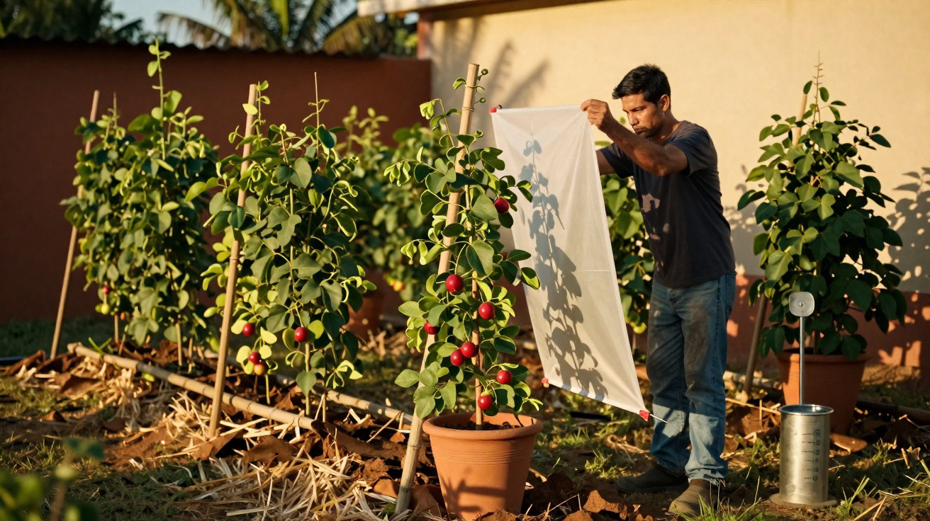 Homem ajusta tela de proteção numa planta com frutos vermelhos num vaso num jardim.