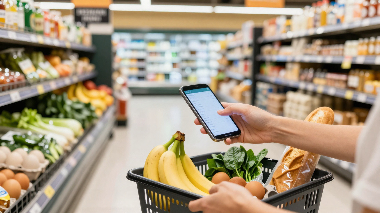 Pessoa com telemóvel e carrinho cheio de compras com bananas, ovos, espinafres e pão numa mercearia.