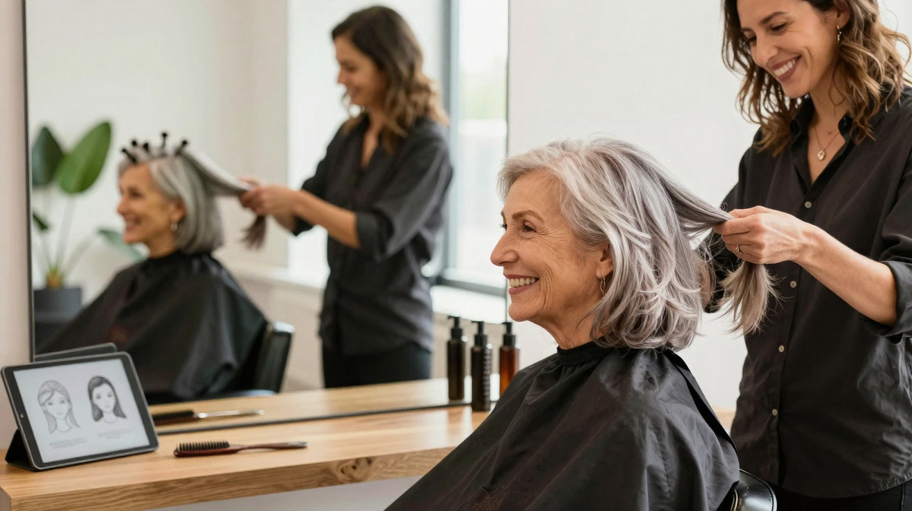 Mulher sénior com cabelo grisalho sentada em salão de beleza, sorrindo enquanto cabeleireira prepara seu cabelo.