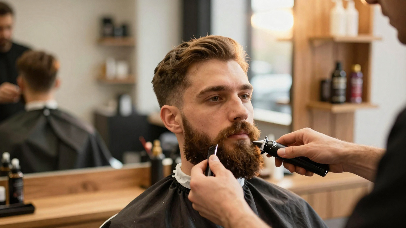 Homem a cortar a barba com máquina elétrica numa barbearia, com espelho e produtos no fundo.