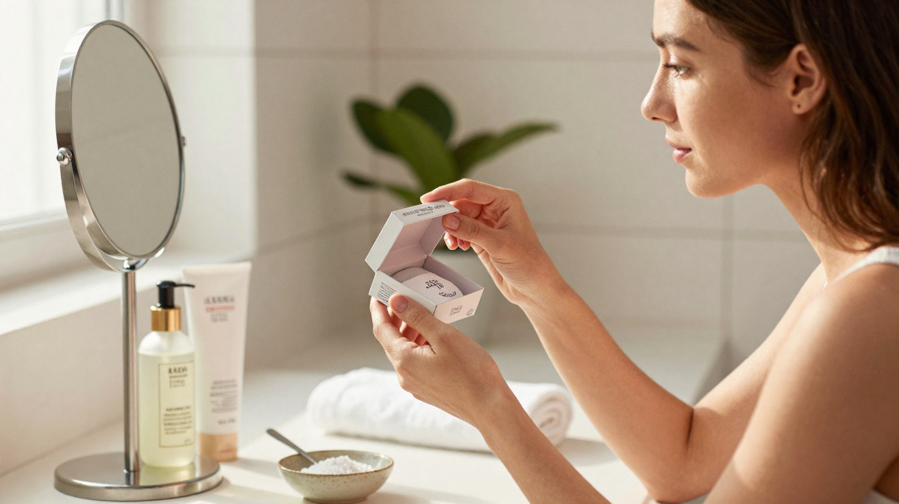 Mulher a olhar para caixa aberta com produto de cuidado facial na casa de banho iluminada.