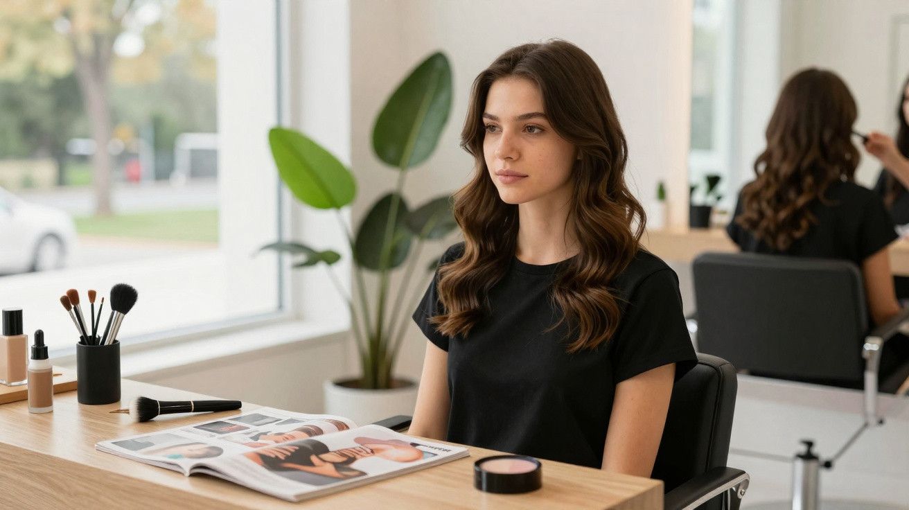 Mulher com camisa branca aplica maquilhagem com pincel sentada à mesa com espelho e produtos.