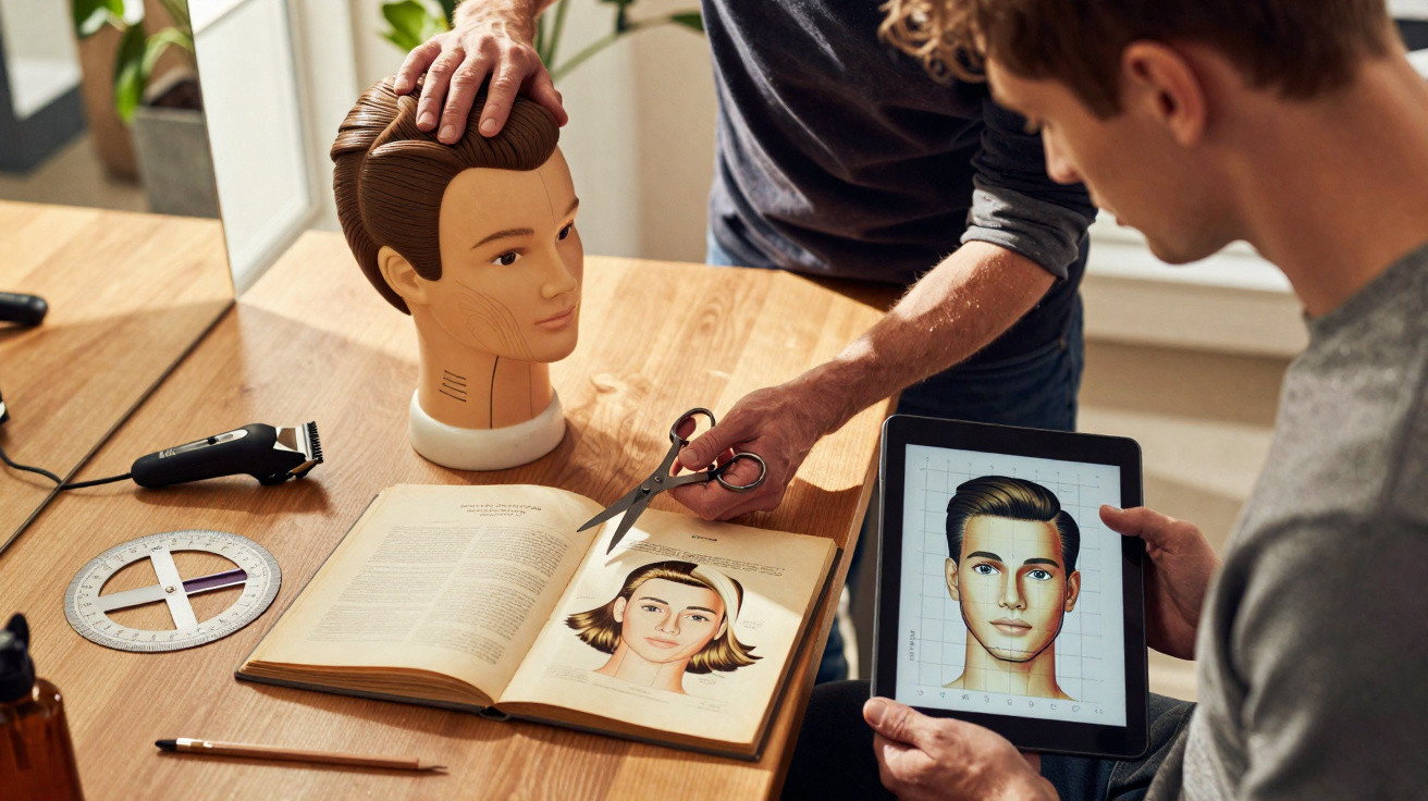 Dois homens analisam mapeamento 3D da cabeça de um manequim, com livro de desenhos técnicos e ferramentas numa mesa.