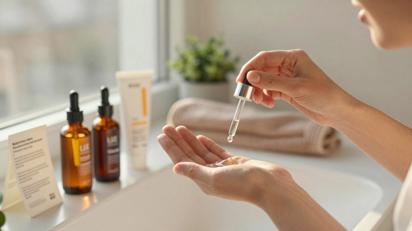 Pessoa a colocar sérum facial em gota sobre a palma da mão, com produtos cosméticos ao fundo na casa de banho.