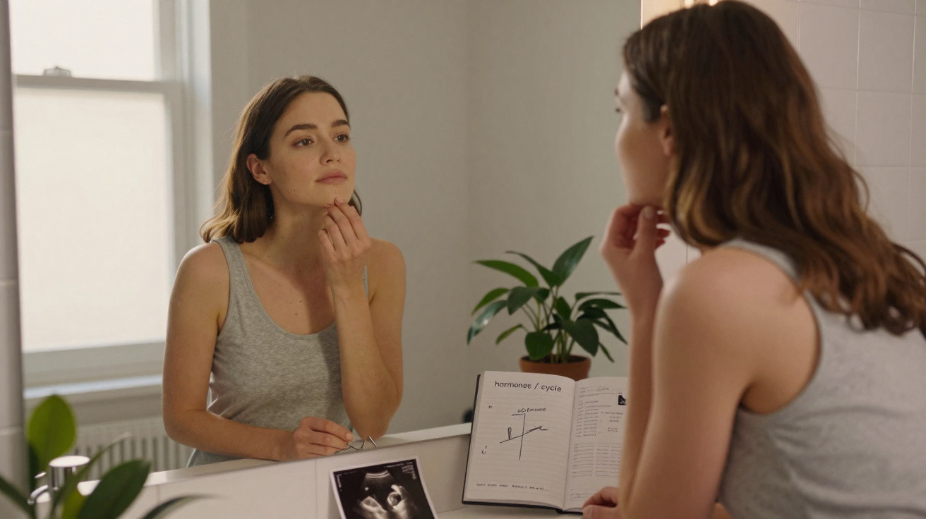 Mulher olha para o espelho enquanto faz anotações e observa ultra-som numa casa de banho.
