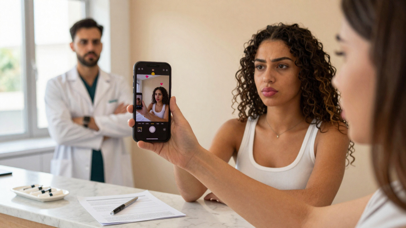 Mulher a tirar foto de médico com bata branca numa clínica, com documentos e canetas na mesa.