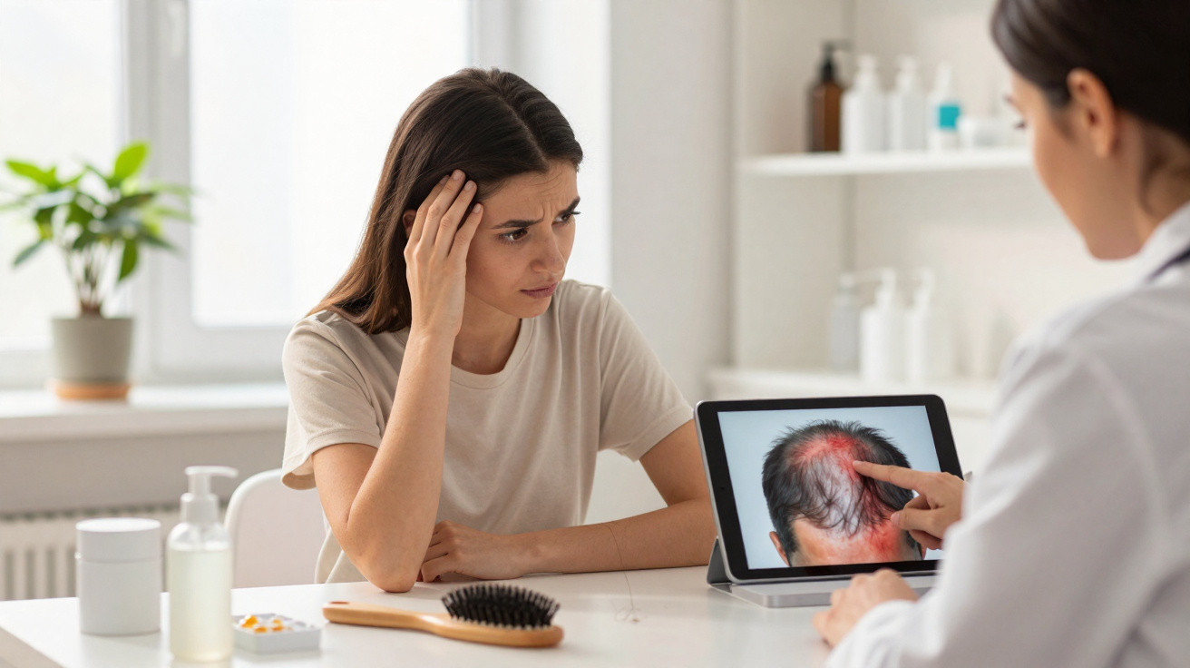 Paciente feminina preocupada consulta médico sobre problemas no couro cabeludo mostrados num tablet.