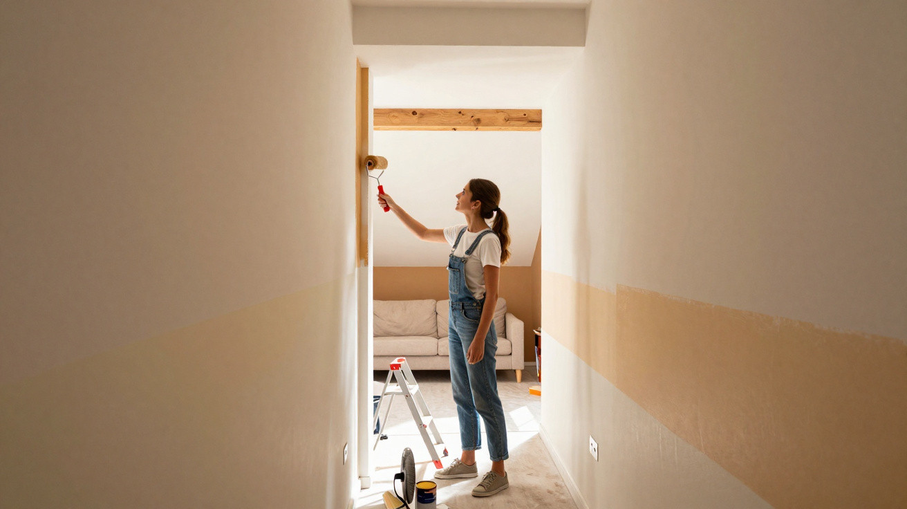 Mulher a pintar uma parede branca de bege numa divisória interior com rolo de pintura.