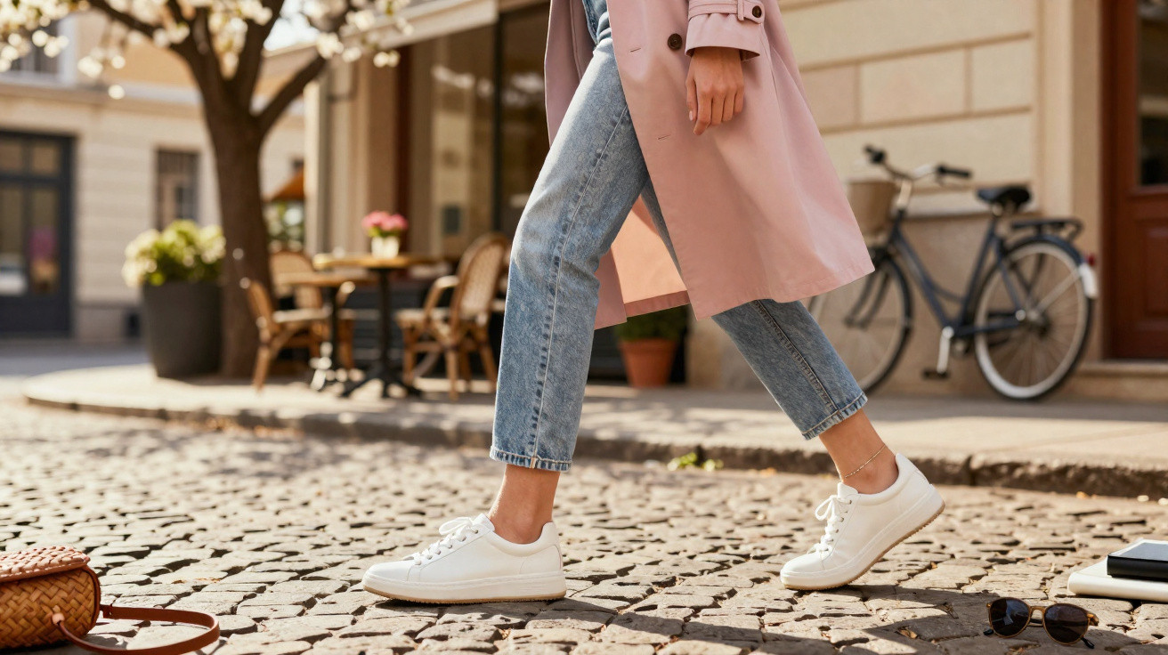 Pessoa a caminhar numa rua de calçada, veste casaco cor de rosa claro, jeans e ténis brancos.