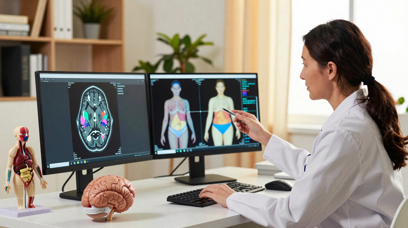 Médica explica exames cerebrais e anatómicos a paciente num consultório com modelos de cérebro e corpo humano.