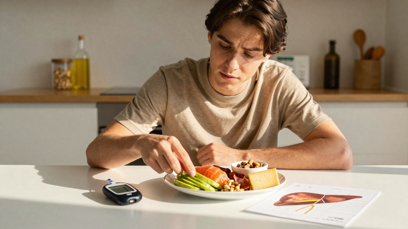 Jovem sentado à mesa a preparar uma refeição saudável, com medidor de glicose e desenho do fígado ao lado.