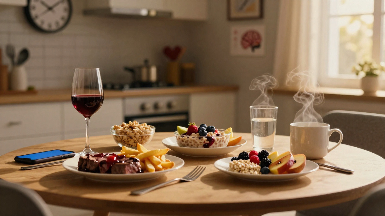 Mesa redonda com comida, bebida, telemóveis, com luz natural numa cozinha moderna.