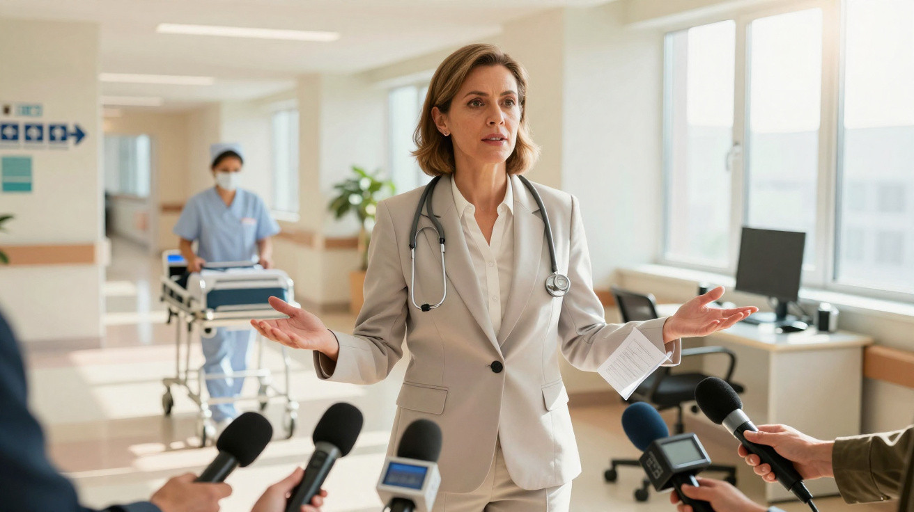 Médica a falar para jornalistas num corredor de hospital, com enfermeira ao fundo a empurrar cama hospitalar.