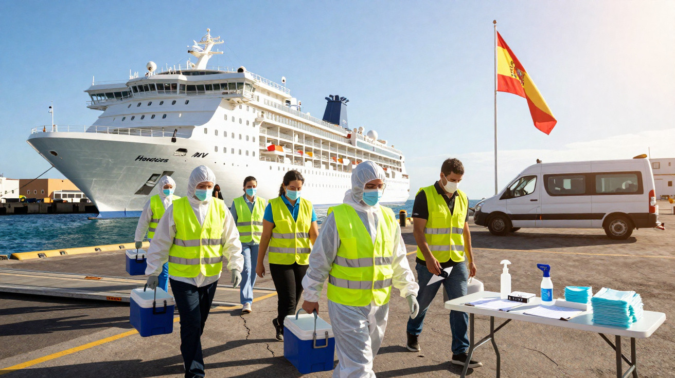 Equipa com coletes fluorescentes e máscaras financeiras transportando caixas perto de um navio de cruzeiro e bandeira espanho