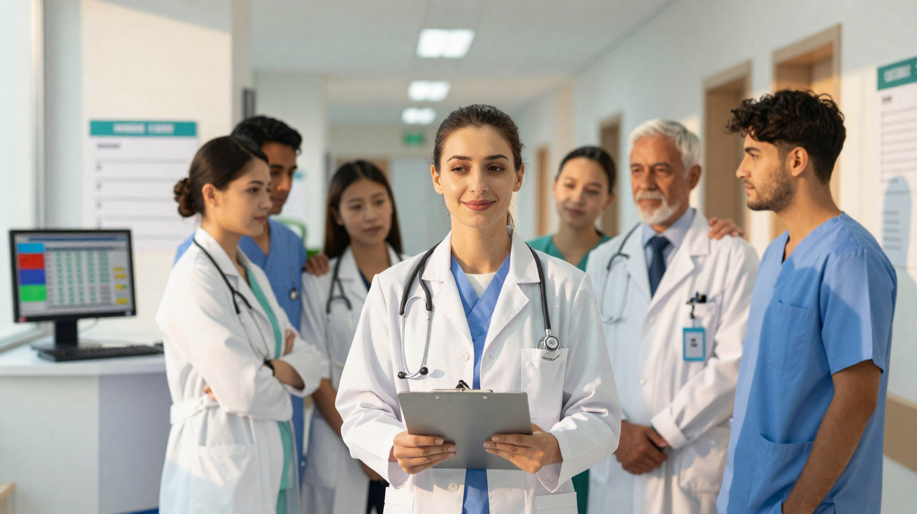 Equipa médica multidisciplinar em corredor hospitalar, com doutores e enfermeiros a conversar e sorrir.