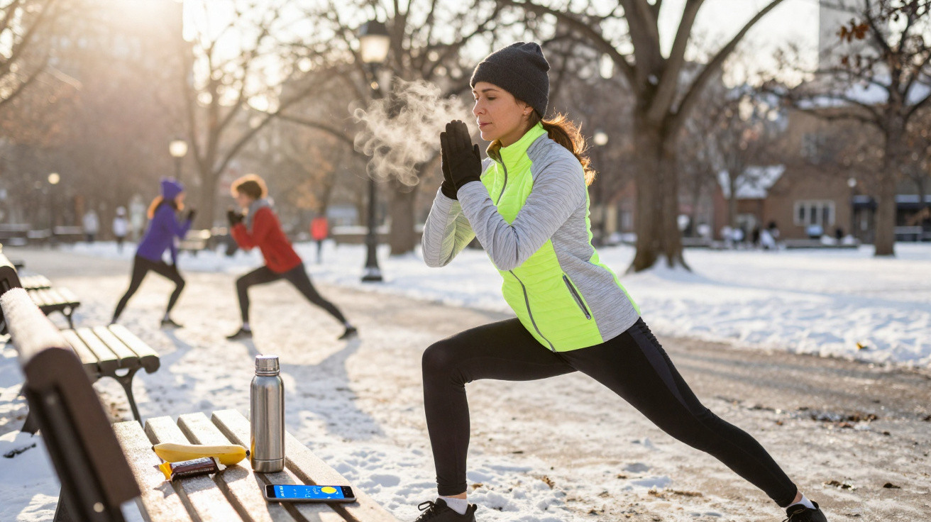 Mulher a fazer alongamento num parque com neve, vestindo roupa de desporto e gorro cinzento.