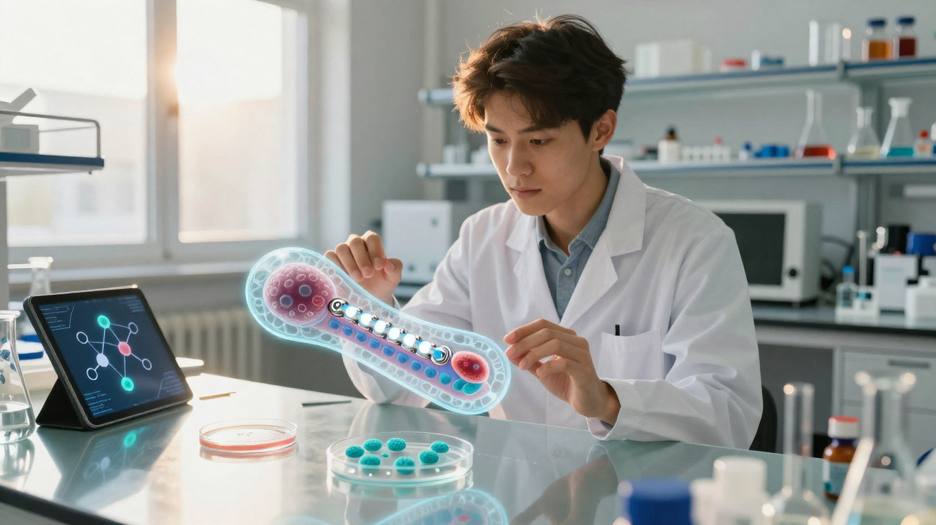 Cientista em laboratório a analisar estrutura molecular e bactéria com ajuda de tecnologia digital.