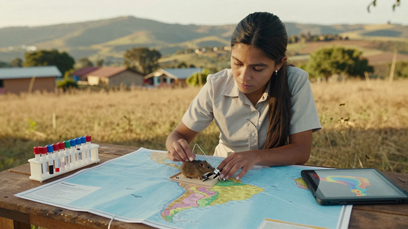 Mulher com bata branca segura rato em ratoeira sobre mapa da América do Sul numa mesa exterior.