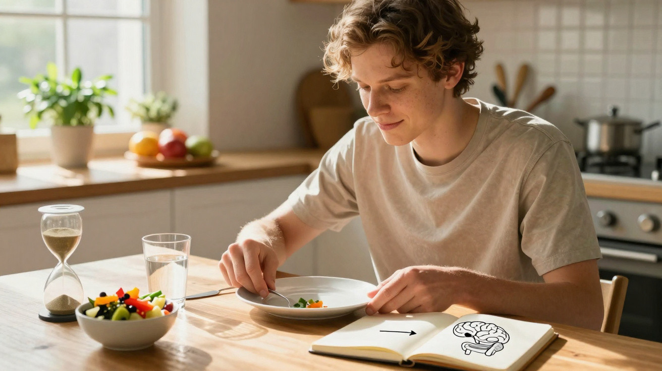 Jovem sentado à mesa de cozinha com prato vazio, copo de água, salada e livro aberto com desenho de cérebro.