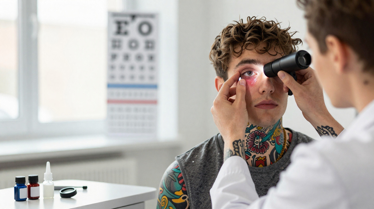 Paciente jovem com olhos vermelhos a ser examinado com lâmpada de fenda por oftalmologista numa clínica.