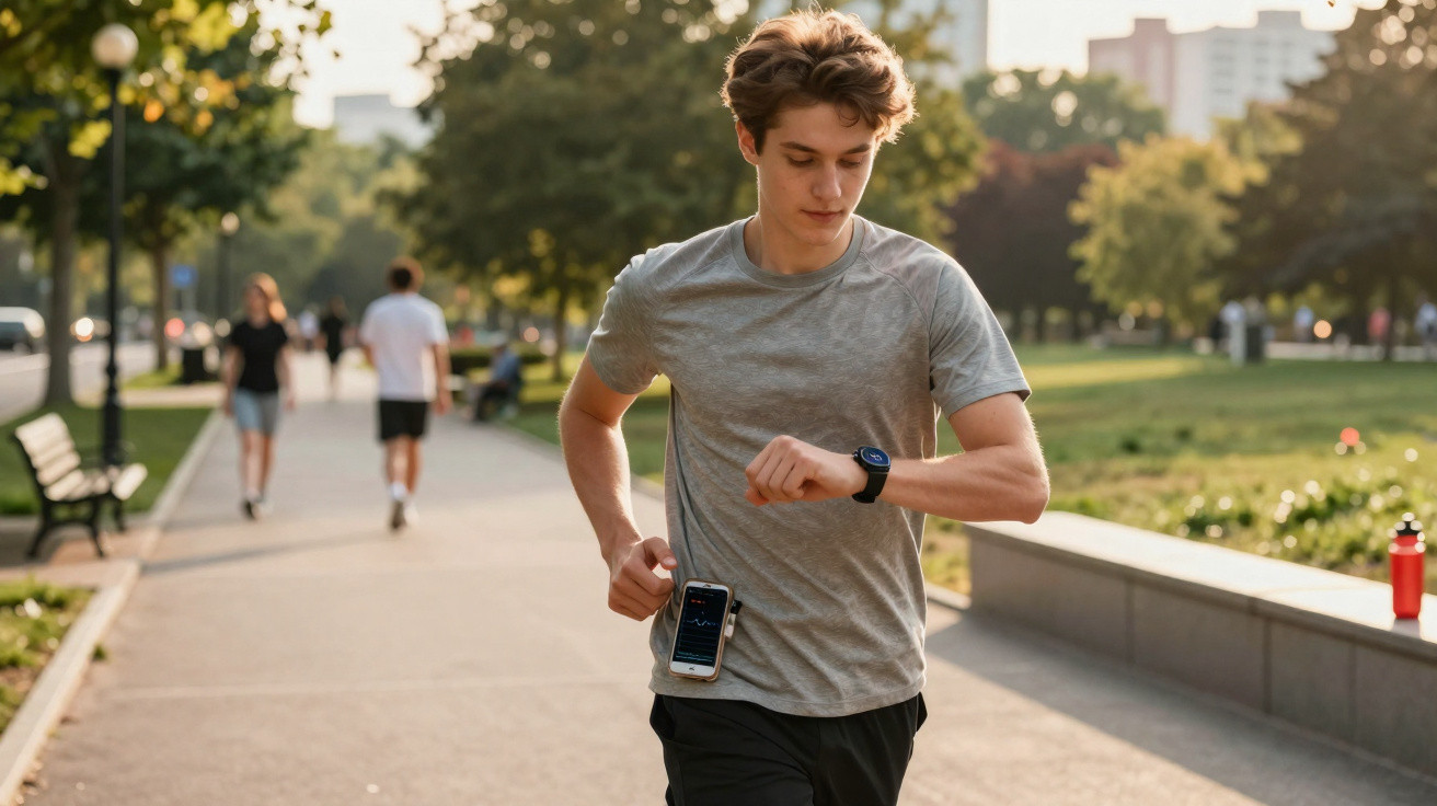 Homem a correr num parque urbano a consultar um relógio inteligente no pulso.