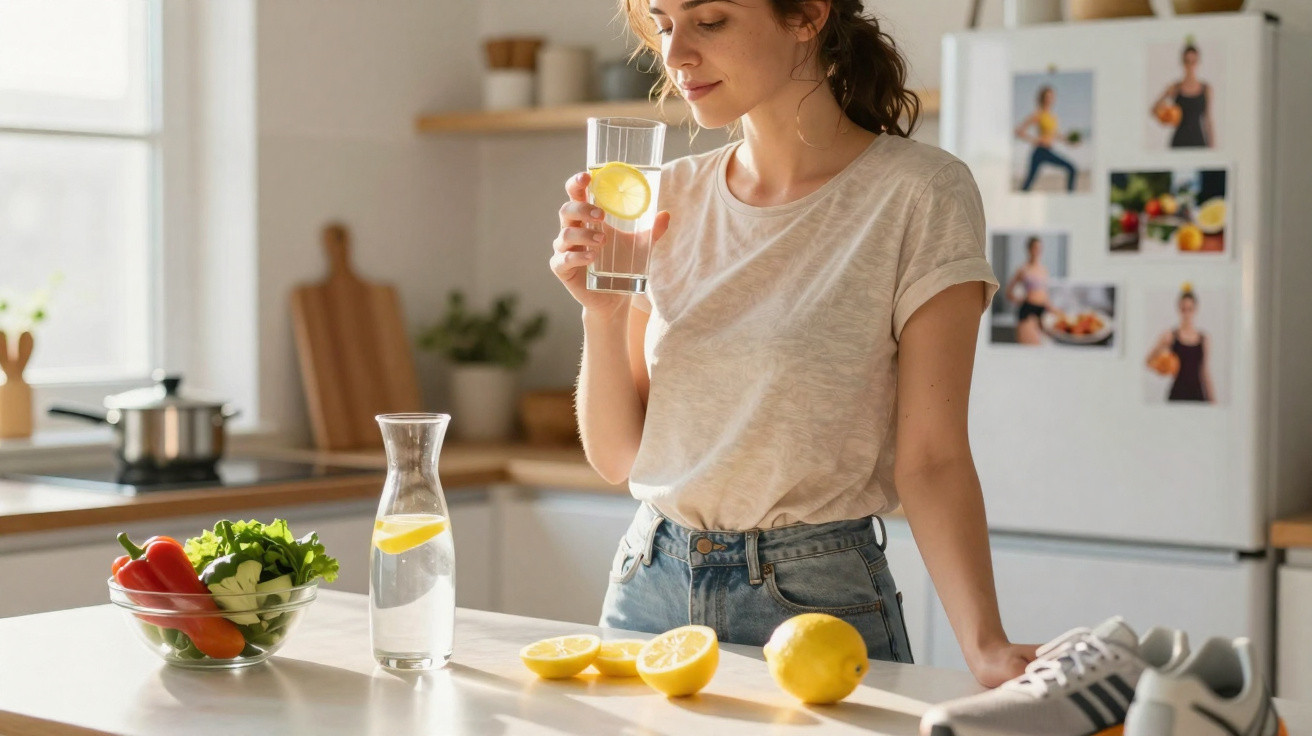 Mulher a beber água com limão numa cozinha iluminada, com fruta e legos sobre a bancada.