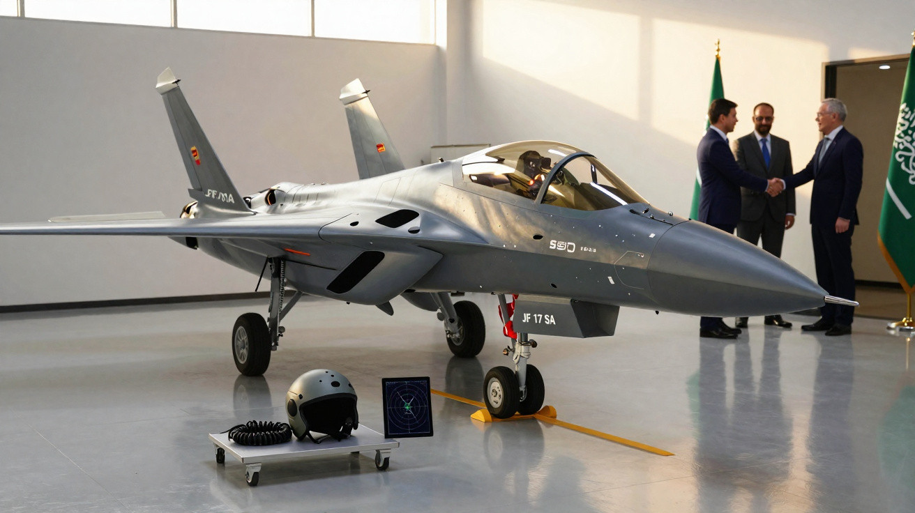 Caça F-17SA exposto em hangar com capacete, monitor e duas pessoas a cumprimentar-se ao fundo.