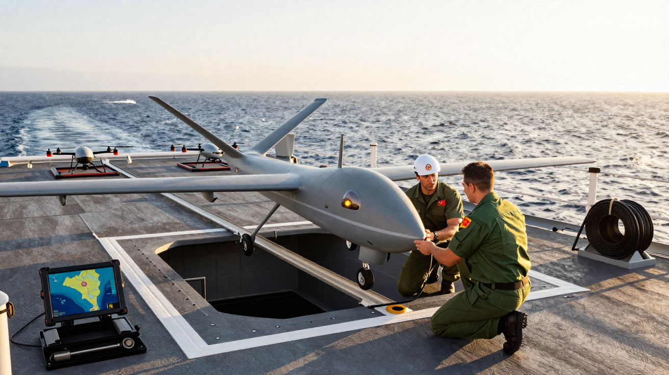 Dois militares ajustam drone em convés de navio com mar ao fundo e ecrã a mostrar mapa digital.