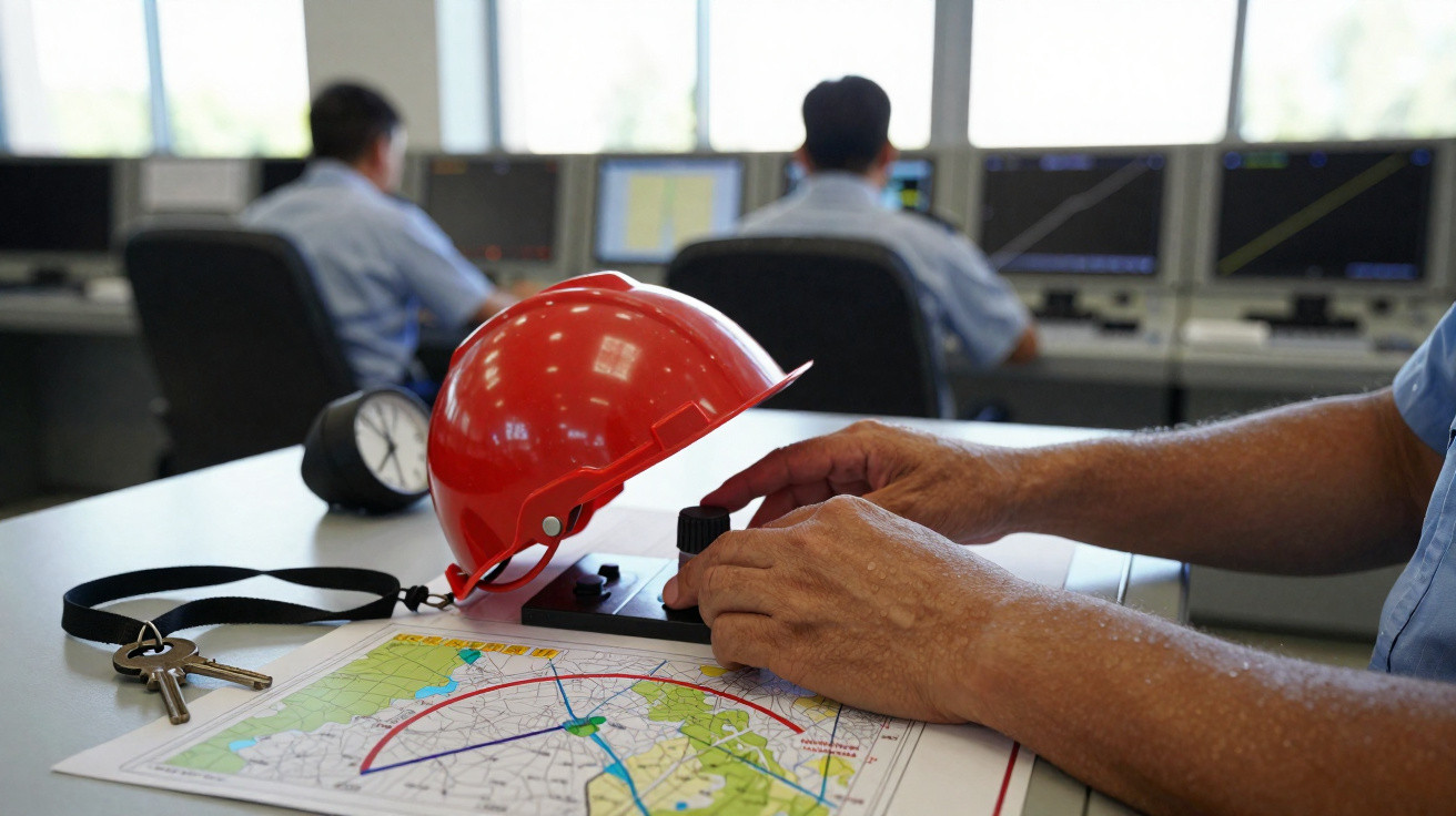 Mãos de um engenheiro a usar uma régua em planta, com capacete vermelho, relógio e pessoas a trabalhar em computadores.