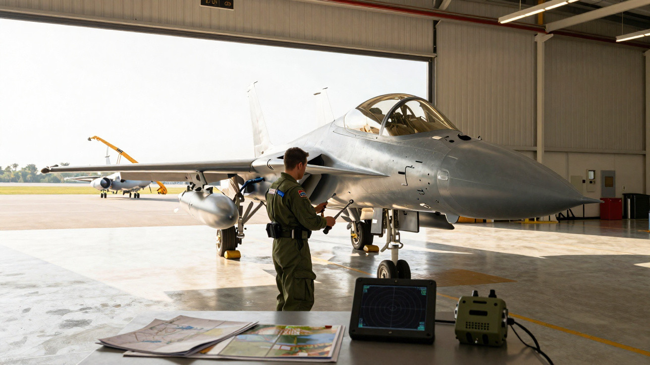 Homem com fato militar verifica jato militar estacionado numa hangar ampla e iluminada.
