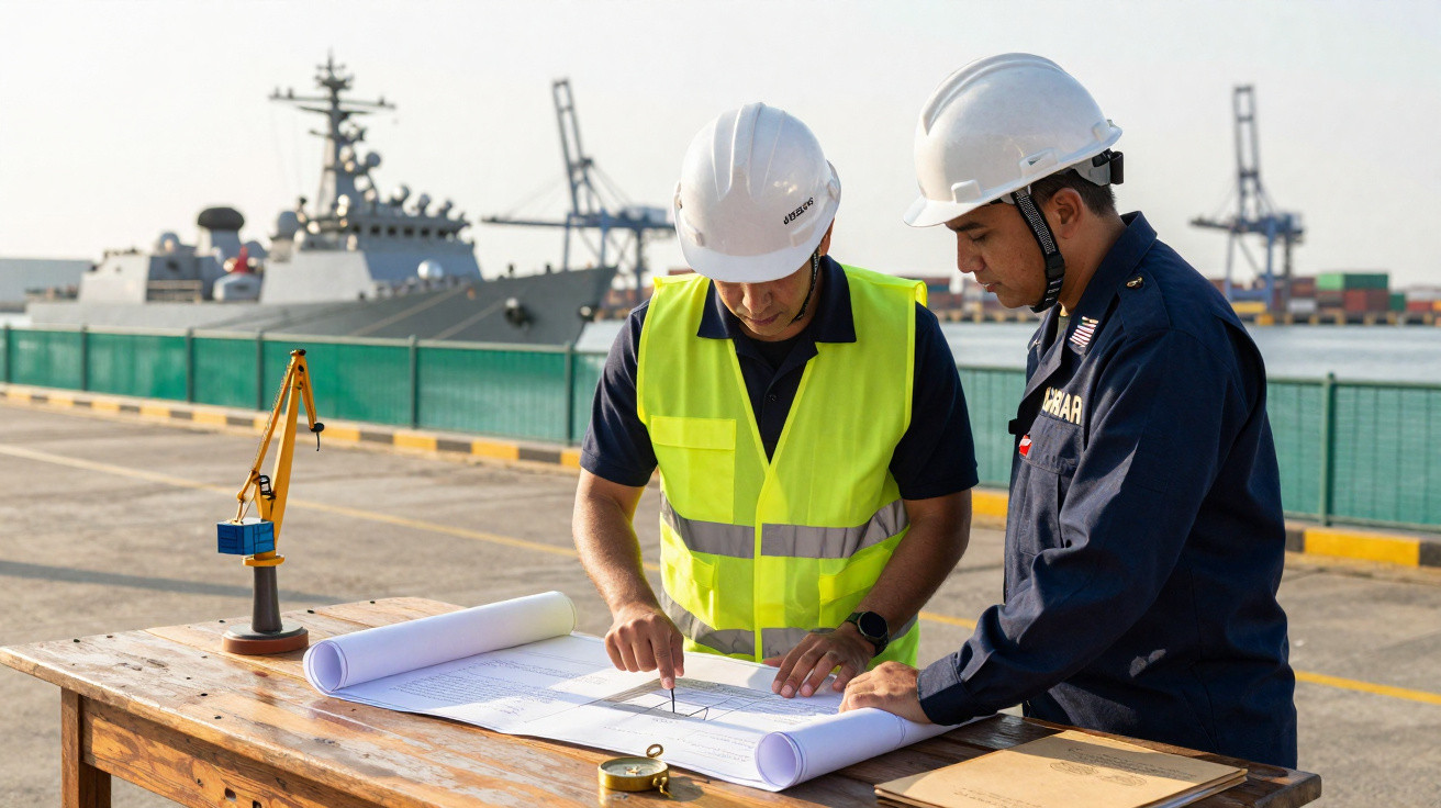 Dois homens de capacete e colete de segurança analisam plantas numa mesa à beira-mar, com navio e guindastes ao fundo.