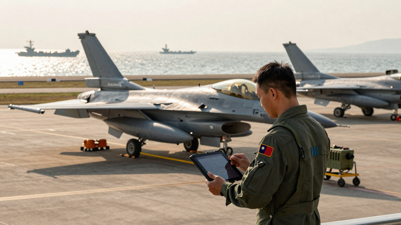 Homem em farda militar com tablet perto de jatos militares estacionados numa pista junto ao mar.