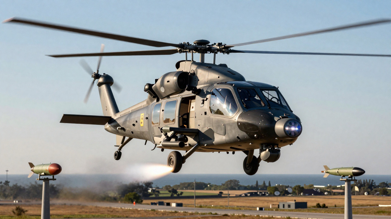 Helicóptero militar cinzento a voar baixo sobre pista perto do mar em dia claro.