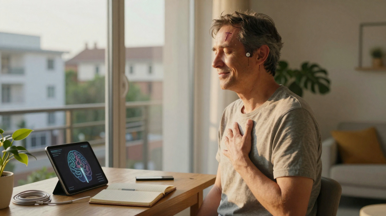 Homem sentado a meditar com olhos fechados, cabeça com sensores ligados a tablet num ambiente luminoso.