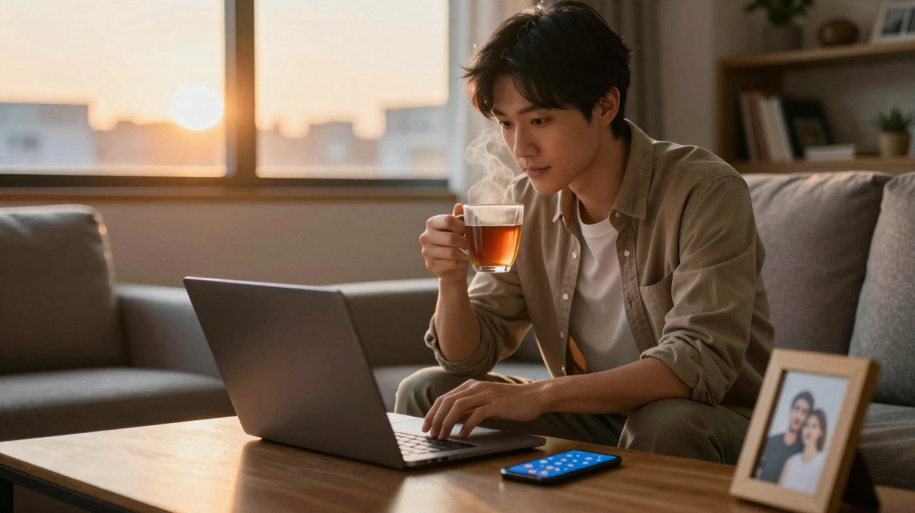 Homem sentado no sofá a trabalhar num portátil e a beber chá quente numa sala iluminada ao pôr do sol.
