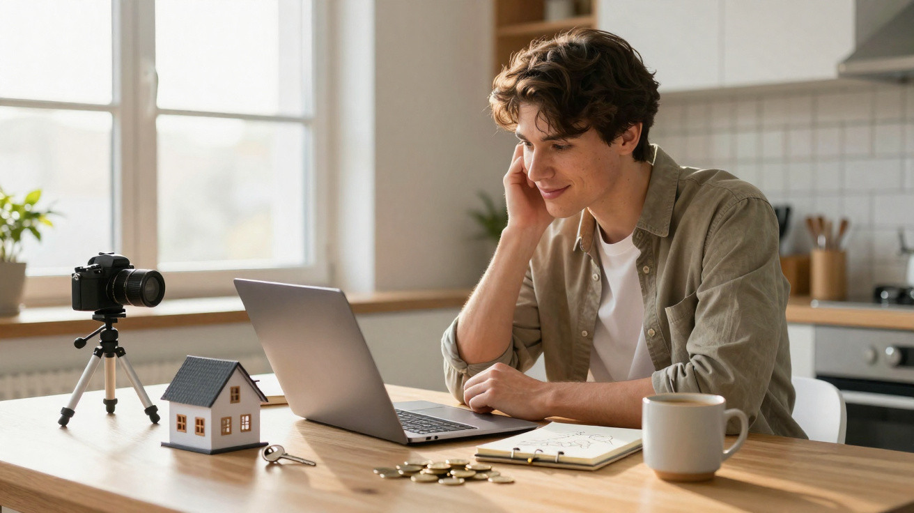 Jovem sentado à mesa a olhar para computador portátil, com caderno, moedas e caneca numa cozinha moderna.