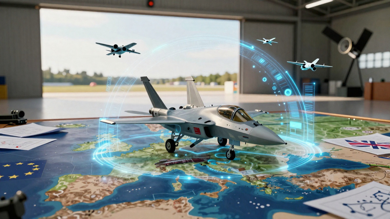 Avião militar de caça sobre mapa digital com gráficos táticos e drones em hangar de aeroporto.