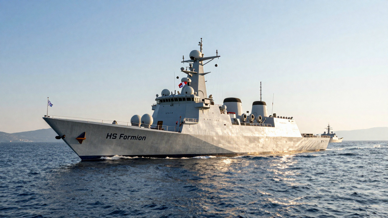Fragata de guerra grega navegando no mar durante o pôr do sol com outra embarcação ao fundo.