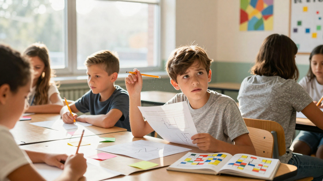 Crianças em sala de aula, sentadas em carteiras, a realizar atividades escolares com lápis e folhas.
