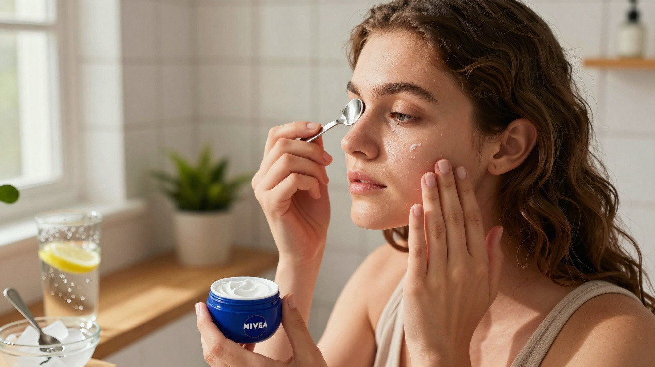 Mulher aplica creme Nivea no rosto com colher, sentado à secretária de casa de banho com plantas.